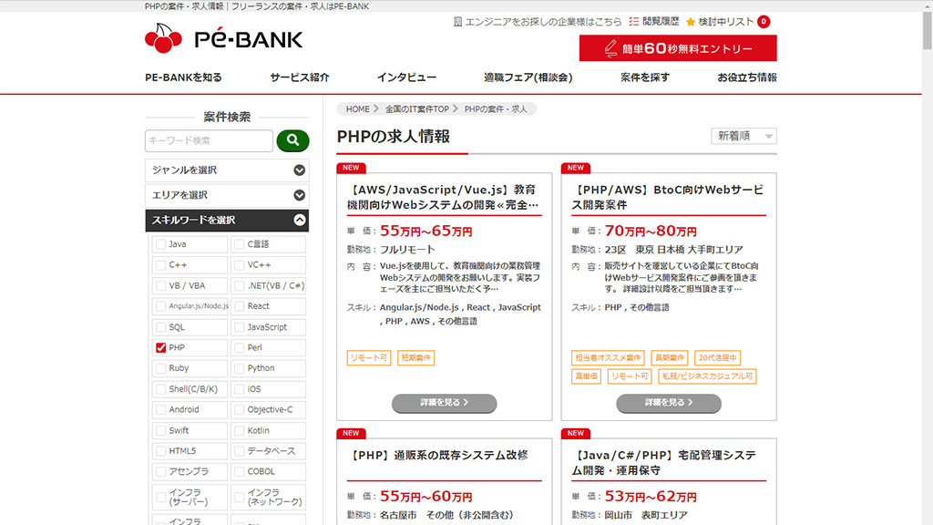 PE-BANK：PHP関連案件の平均単価52.8万円